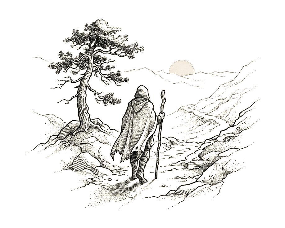 Pen-and-ink spot illustration: a hooded wanderer with a staff walking a winding mountain path toward a low horizon sun